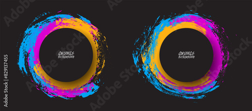 3D black circles with pink blue brush strokes isolated on dark background. Elegant watercolour set. Textured effect bundle. Graphic design element grainy style concept for ads, big, mega or flash sale