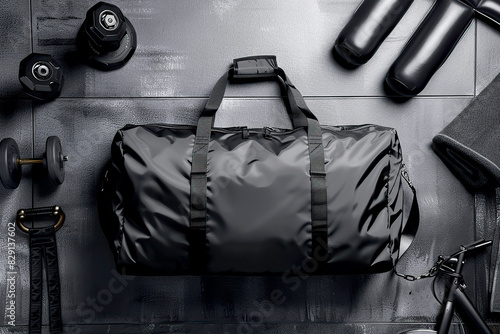 A gym bag placed on top of a gym floor, surrounded by exercise equipment and workout mats