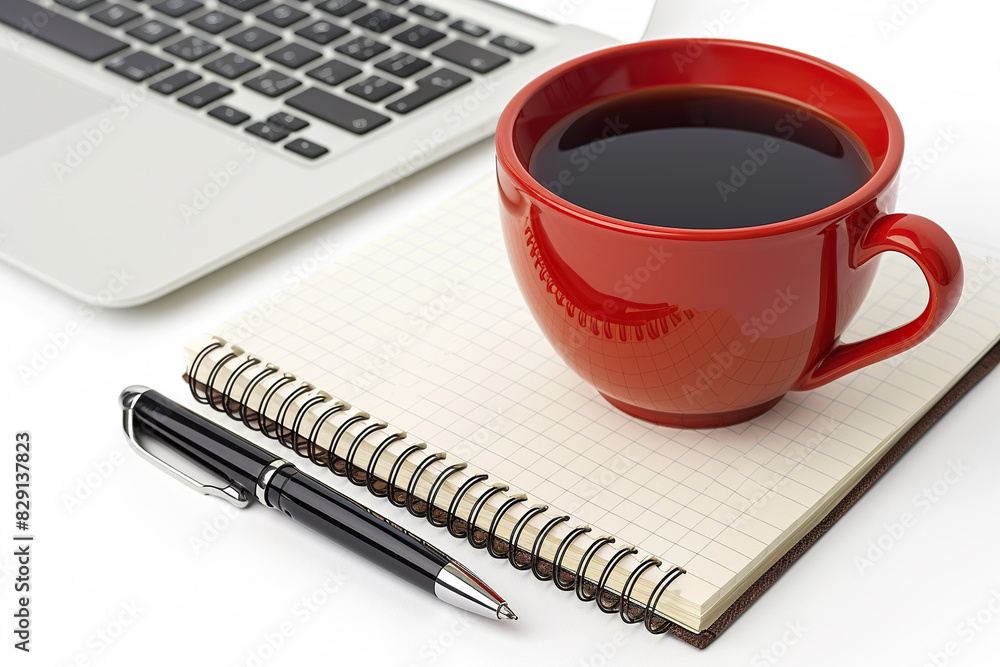 A cup of coffee stands next to a notebook and a pen on a white surface A cup of coffee stands next to a notebook and a pen on a white surface