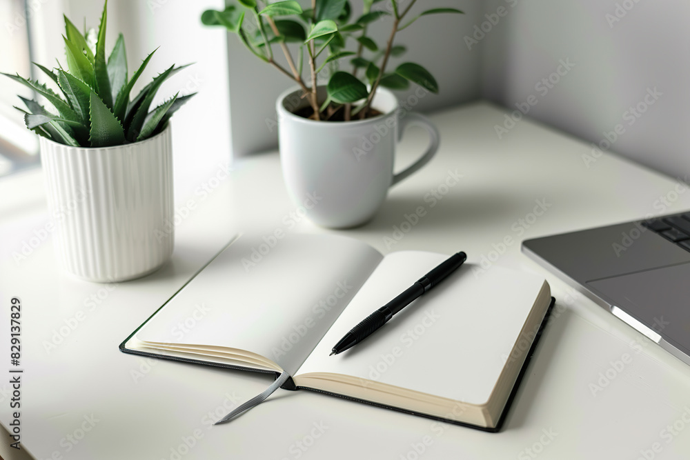 A modern laptop computer placed on top of a clean white desk. Mockup template for design print A modern laptop computer placed on top of a clean white desk. Mockup template for design print