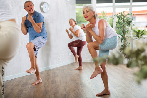 Group of elderly active people in sportswear dancing in fitness club