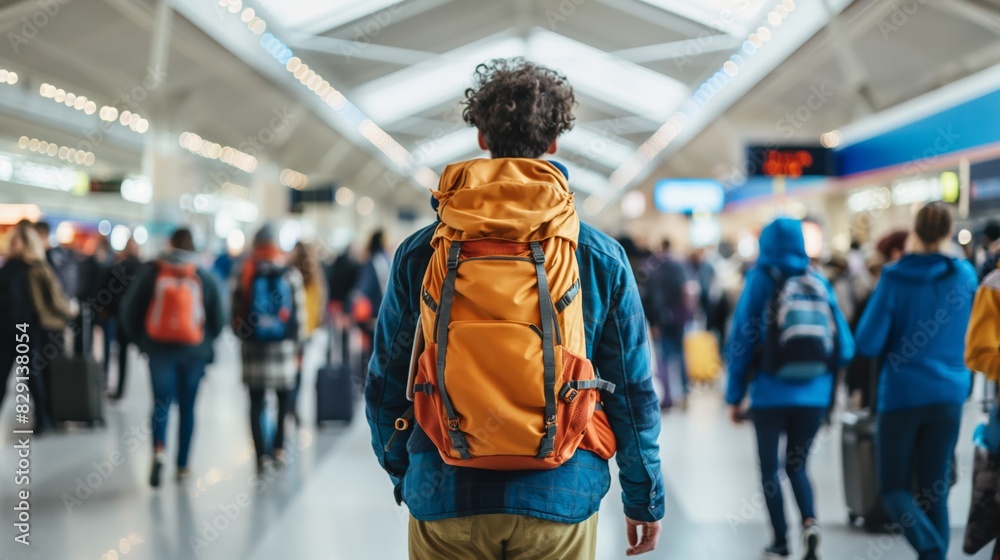 Back view of traveler with orange backpack strolling through a busy airport terminal in daytime. Back view of traveler with orange backpack strolling through a busy airport terminal in daytime.