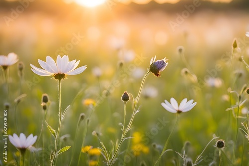 A field of white flowers with a sun in the background © rizkan