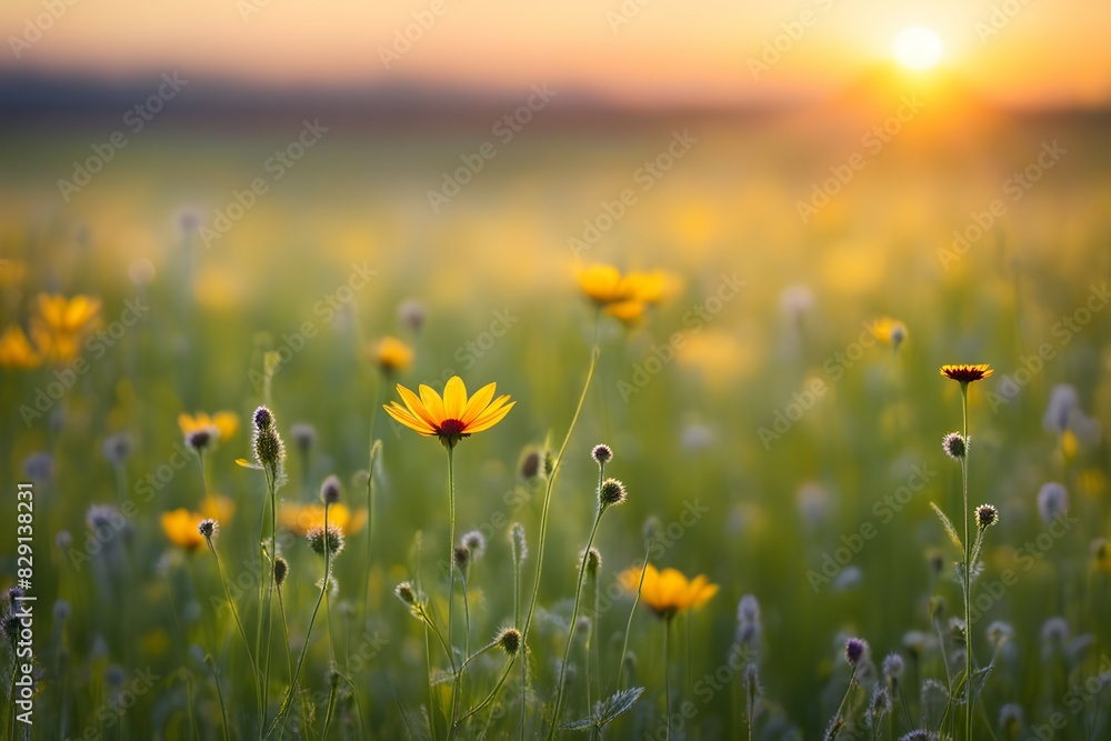 Fototapeta premium A field of yellow flowers with a sun in the background