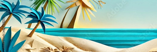 Paper art of a tropical beach with blue ocean photo