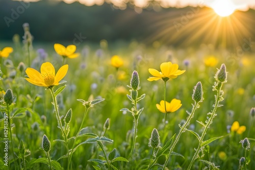A field of yellow flowers with the sun shining on them