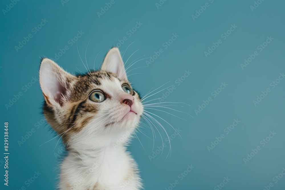 Portrait of a white and tan tabby kitten looking up and slightly to viewers right with wide eyed curiosity. Blue background with copy space - generative ai