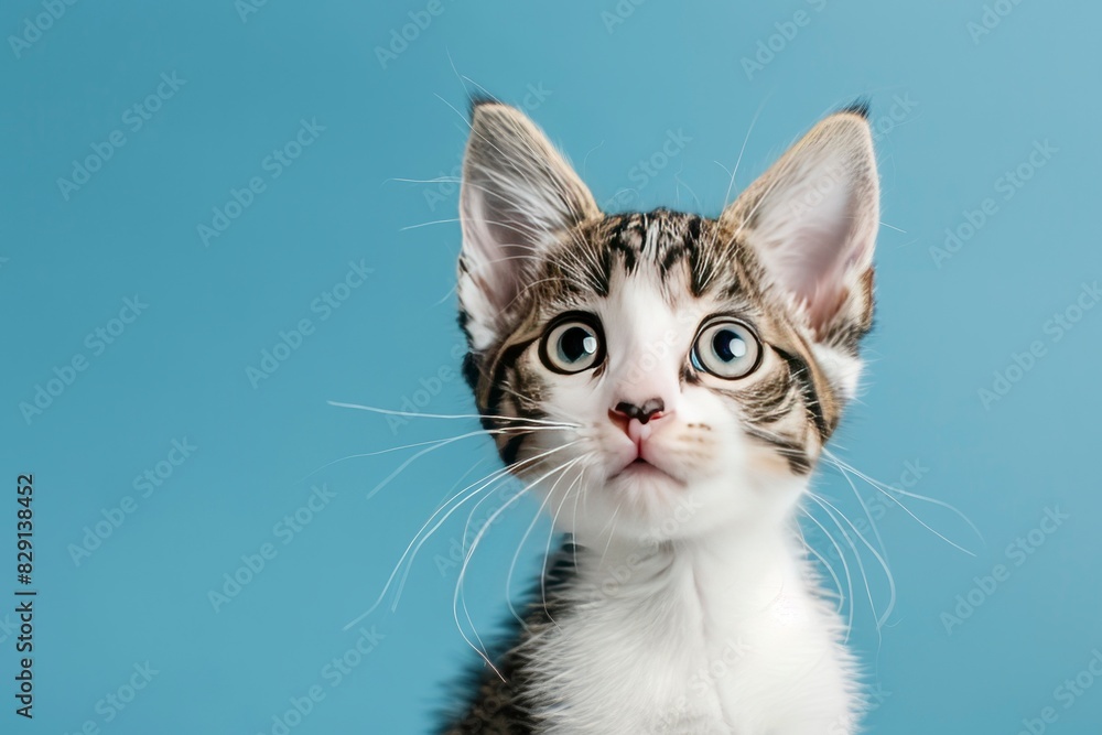 Portrait of a white and tan tabby kitten looking up and slightly to viewers right with wide eyed curiosity. Blue background with copy space - generative ai