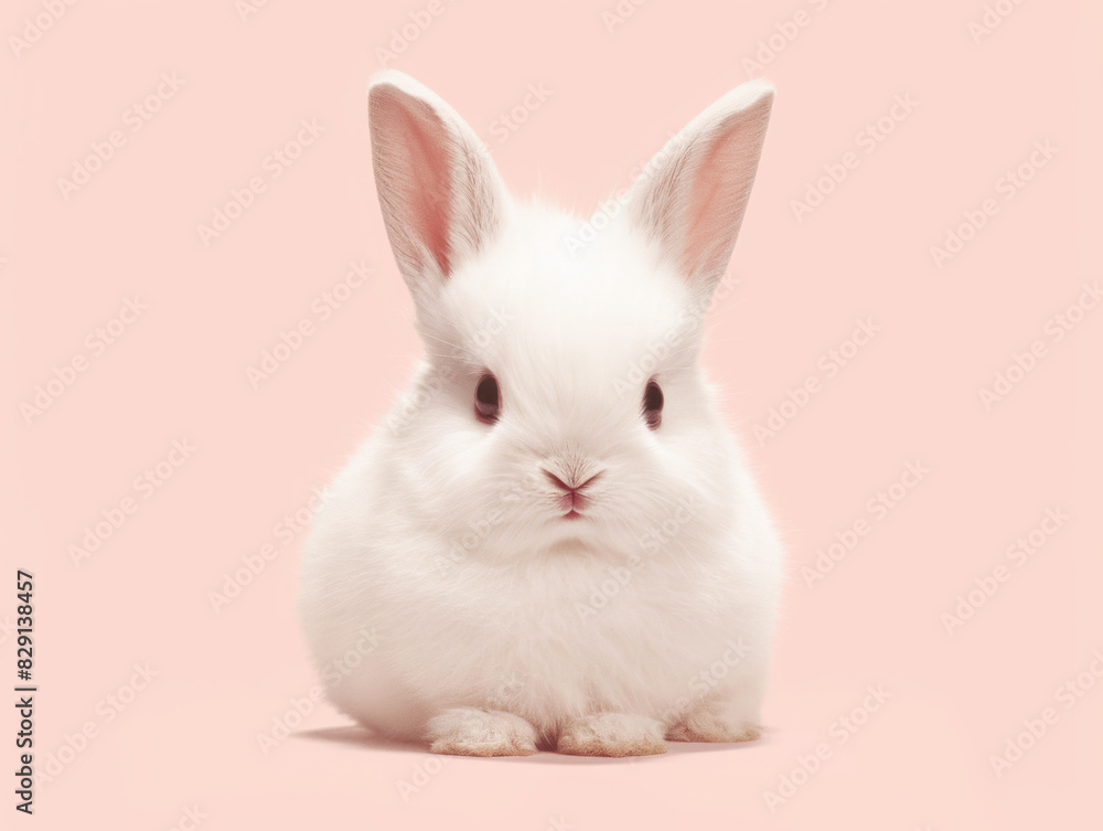 Fototapeta premium Fluffy White Baby Rabbit on Pastel Pink Background