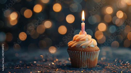Delicious birthday cupcake with burning candle again blurred background © Yellow