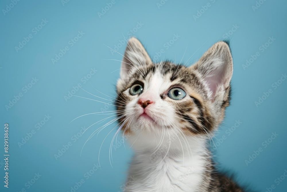 Portrait of a white and tan tabby kitten looking up and slightly to viewers right with wide eyed curiosity. Blue background with copy space - generative ai