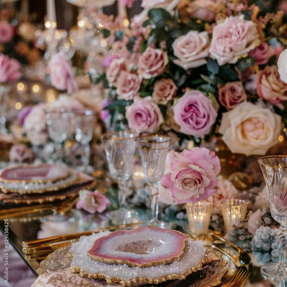 large luxurious wedding table set up with luxury and white small agate drink coasters with gold edges, pink roses decorating table, chandeliers and crystals decorating table