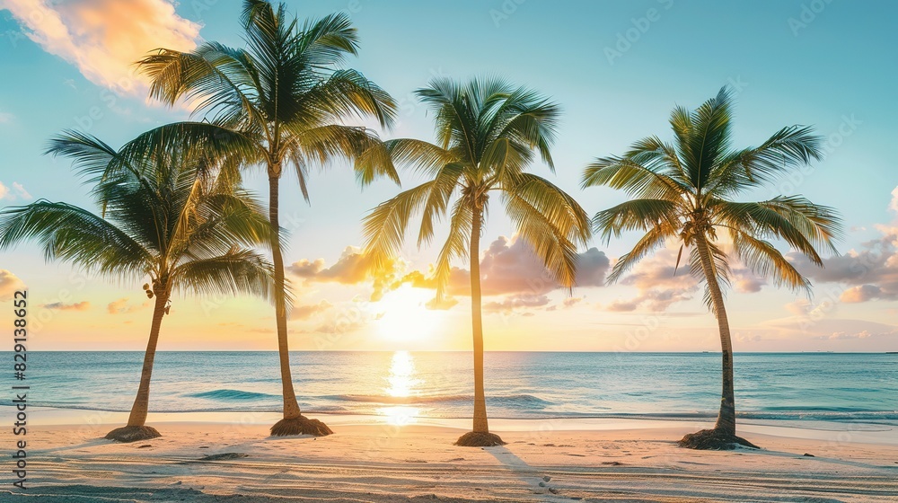 Obraz premium Tropical beach and palm trees, palm trees framing, Copy space on sky background 
