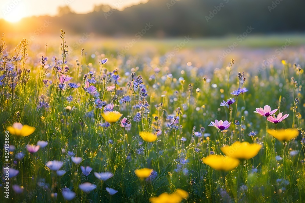 Fototapeta premium A field of flowers with a bright yellow sun in the background