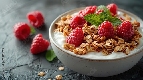 Healthy breakfast. Fresh granola, muesli with yogurt and berries on marble background.