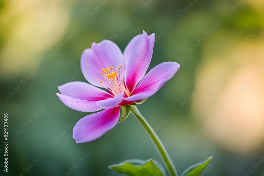 A single pink flower with a yellow center