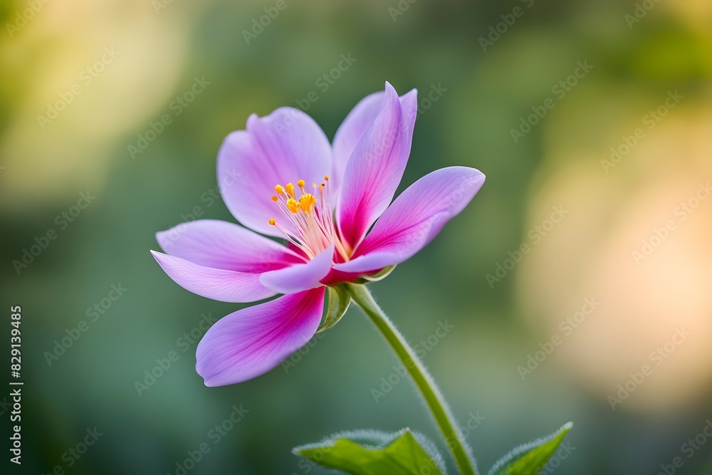 A single pink flower with a yellow center A single pink flower with a yellow center