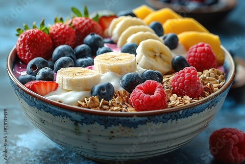 Healthy breakfast. Fresh granola, muesli with yogurt and berries on marble background.