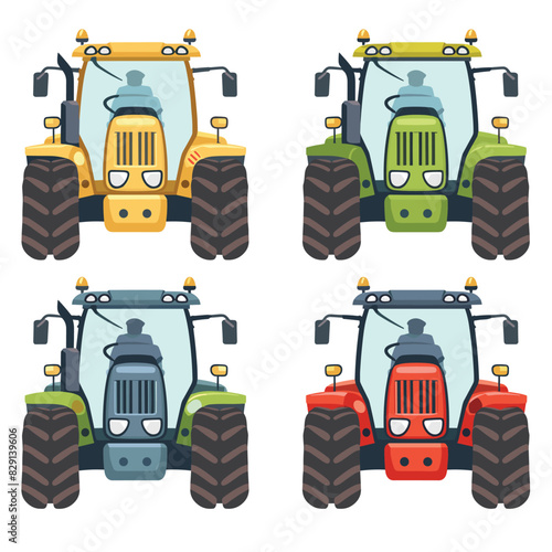 Four colorful cartoon tractors facing forward, different color. Farming equipment tractors, large wheels, agricultural machinery. Set flat design tractors, colors yellow, green, blue, red