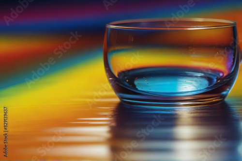 Close-Up of Glass on Table with Rainbow Diffraction