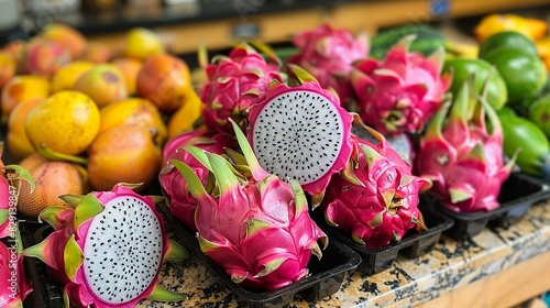 Dragon Fruit (Pitaya) - Known for its vibrant pink skin and speckled flesh, itâ€™s mildly sweet and refreshing. Minimal and Simple style photo