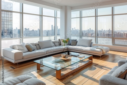 A modern living room with a low-profile sofa  glass coffee table  and a large floor-to-ceiling window.