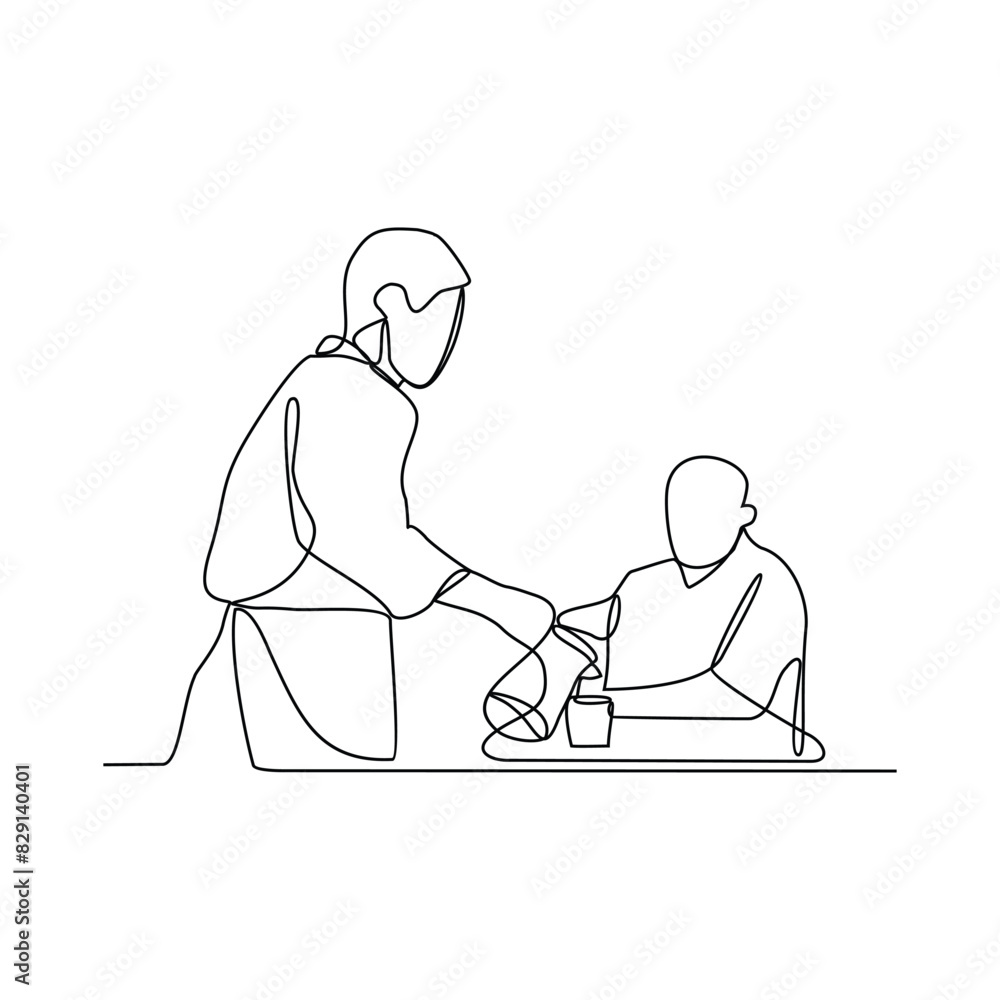 One continuous line drawing of a waiter is serving customers who order food and drinks for dinner in restaurant vector illustration. Restaurant activity in simple linear style vector design concept. One continuous line drawing of a waiter is serving customers who order food and drinks for dinner in restaurant vector illustration. Restaurant activity in simple linear style vector design concept.