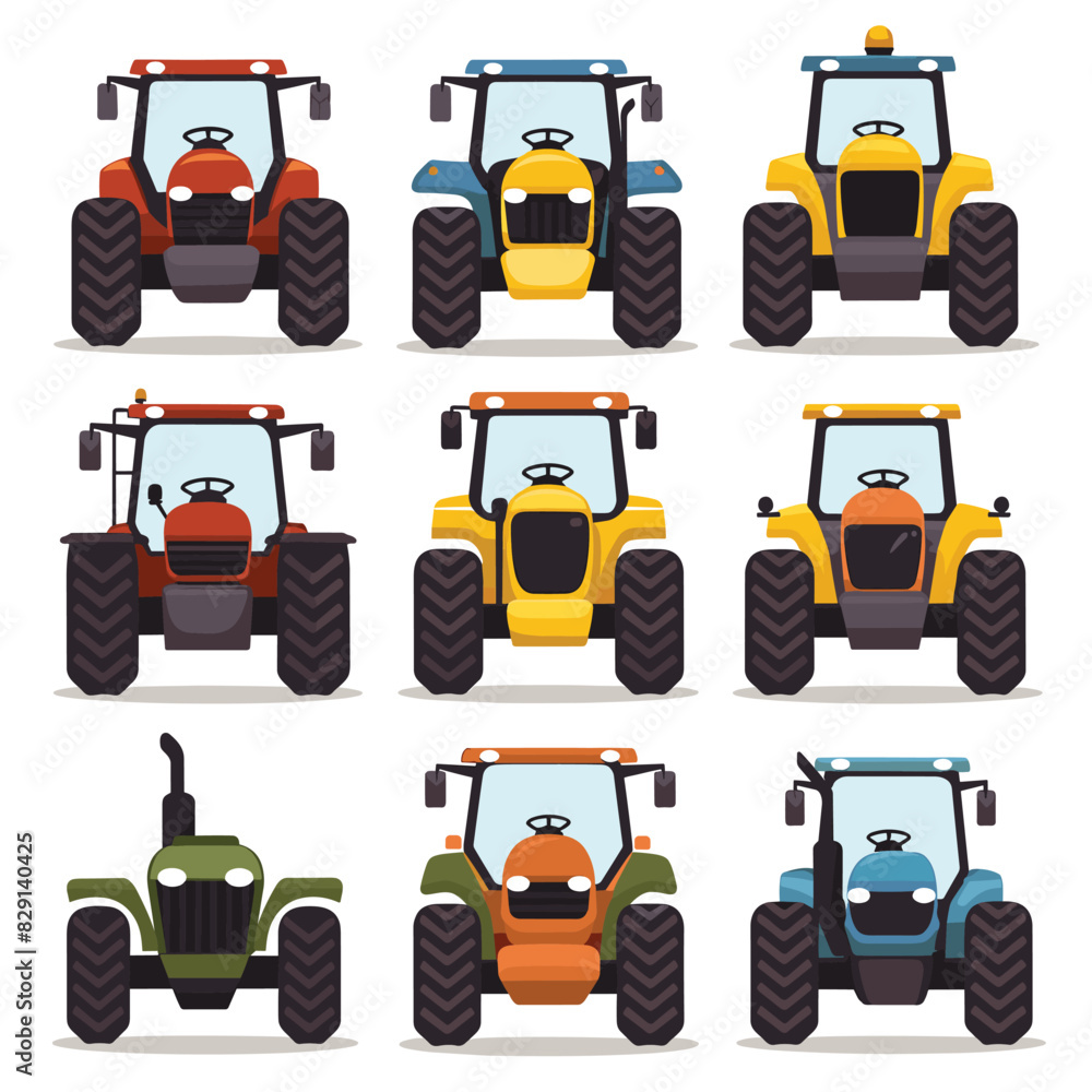 Set colorful farm tractors various designs, cartoon styled vehicles agriculture, farming machinery collection. Different tractor models, simple flat design, front view, isolated vector