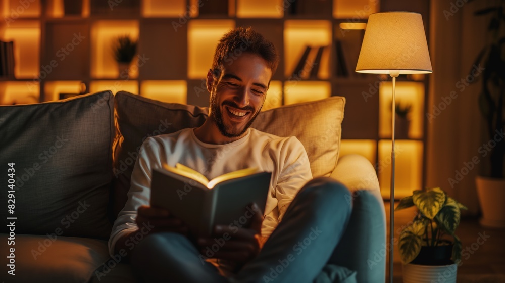 Man relaxing on couch reading a book in cozy evening setting. Man relaxing on couch reading a book in cozy evening setting.