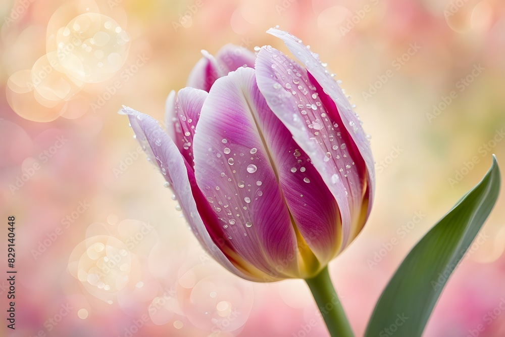 A beautiful pink and white flower with dew drops on it