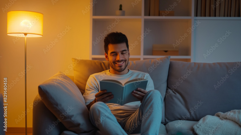 Man relaxing on couch reading a book in cozy living room at night.
