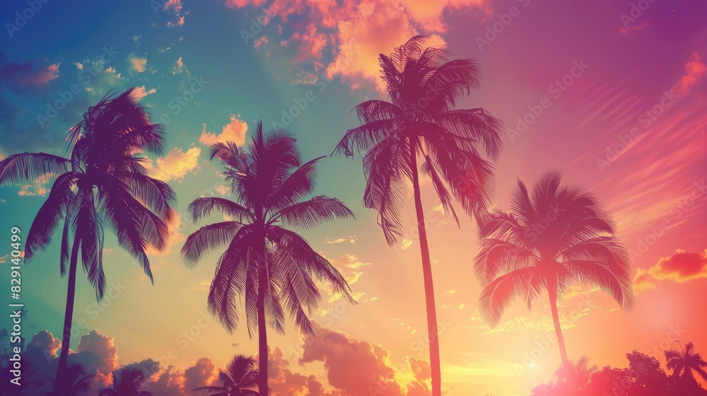 Vintage Filtered Tropical Palm Trees at Sunset Aesthetic Landscape of Coconut Palms and Colorful Sky
