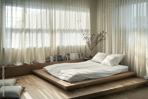 A serene bedroom with a platform bed  floor-to-ceiling curtains  and a reading nook by the window.