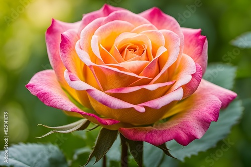 A beautiful pink and yellow rose is the main focus of the image