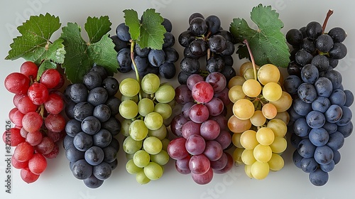 A variety of colorful grapes, including green, red, and purple, still on their stems, artistically arranged on a smooth white surface. isolate on white background Minimal and Simple style