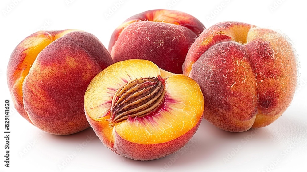 A trio of ripe peaches with their fuzzy skin, one of them cut open to display the juicy, yellow flesh and pit inside, placed on a white backdrop. isolate on white background Minimal and Simple style A trio of ripe peaches with their fuzzy skin, one of them cut open to display the juicy, yellow flesh and pit inside, placed on a white backdrop. isolate on white background Minimal and Simple style