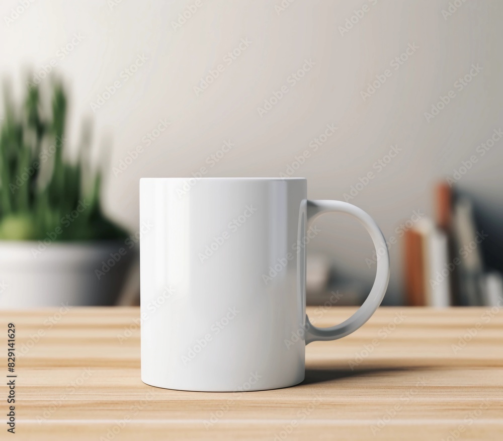 3d rendering of white mug mockup on wooden table with office background 3d rendering of white mug mockup on wooden table with office background