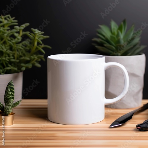 Simple mockup of an all white blank mug  sitting on top of the table next to plants and office supplies