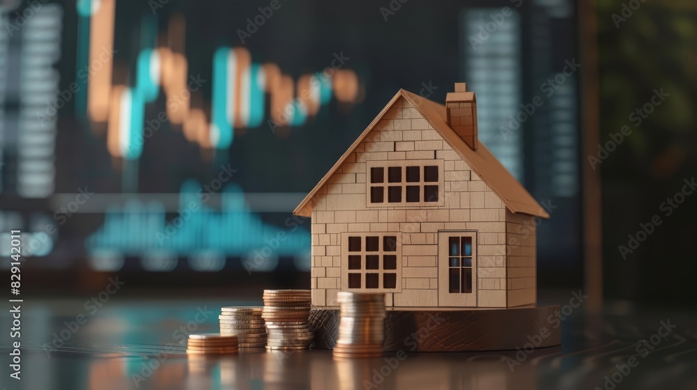 A blank podium showcasing a detailed house model on a stack of coins, with a financial graph in the background, set against a sleek, modern background with ample copy space A blank podium showcasing a detailed house model on a stack of coins, with a financial graph in the background, set against a sleek, modern background with ample copy space