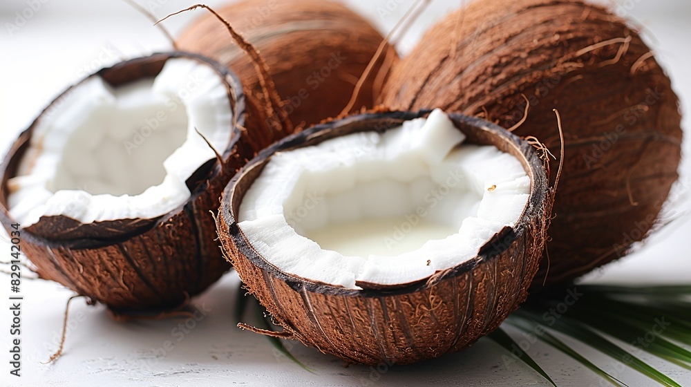 A trio of fresh coconuts, one cracked open to reveal the white flesh and milk inside, set against a clean white background. isolate on white background Minimal and Simple style