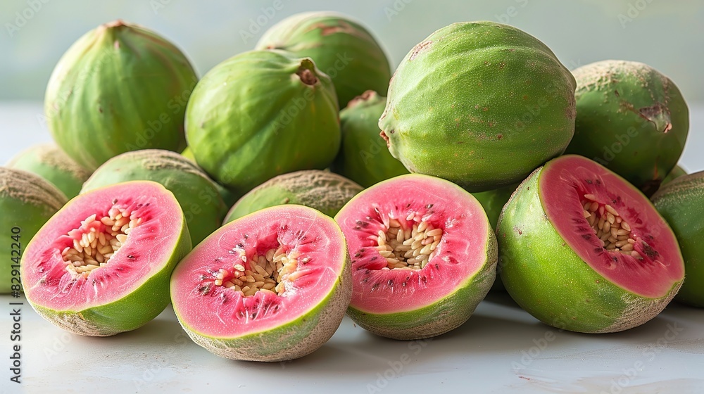 A bunch of ripe, sweet guavas, some sliced open to reveal the pink or white flesh and seeds inside, artistically arranged on a white surface. isolate on white background Minimal and Simple style A bunch of ripe, sweet guavas, some sliced open to reveal the pink or white flesh and seeds inside, artistically arranged on a white surface. isolate on white background Minimal and Simple style