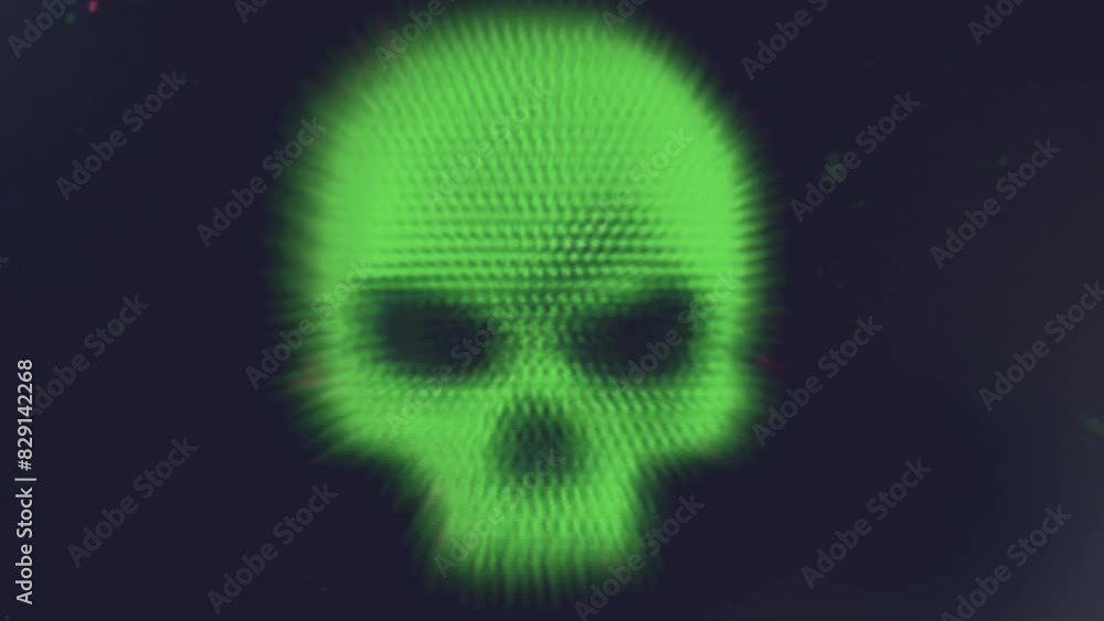 Green human skull animation on black background with light leaks, dusty and noise particles and old style film look Green human skull animation on black background with light leaks, dusty and noise particles and old style film look