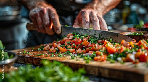 Close-up of a chef's hands skillfully chopping fresh vegetables with a sharp knife on a wooden cutting board. Minimal and Simple style photo