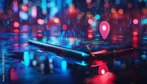 A futuristic smartphone hologram displaying a map with a glowing location pin, set on a sleek, neonlit city street with vibrant, hightech elements and rain reflections