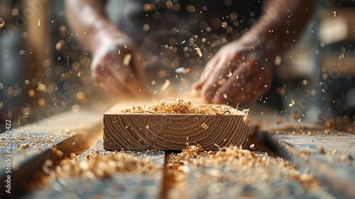 A carpenter's hands carefully sanding a piece of wood, showing the dust and fine particles rising. Minimal and Simple style photo