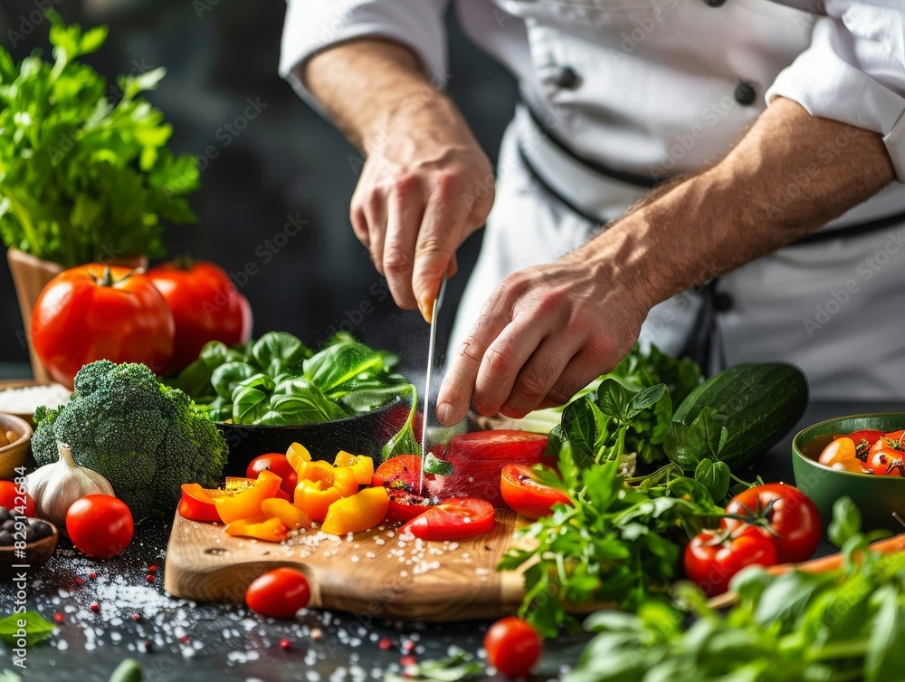 A chef slices fresh vegetables on a wooden board surrounded by colorful produce and herbs in a modern kitchen. A chef slices fresh vegetables on a wooden board surrounded by colorful produce and herbs in a modern kitchen.