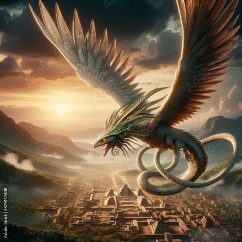 A sharp, detailed image of Quetzalcoatl, a feathered serpent god, flying over an ancient Aztec city