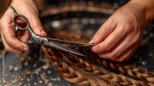 A hairdresser's hands skillfully cutting hair with sharp scissors, strands of hair falling around. Minimal and Simple style photo