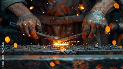 A blacksmith's hands holding hot metal with tongs, hammering it on an anvil with sparks flying. Minimal and Simple style photo
