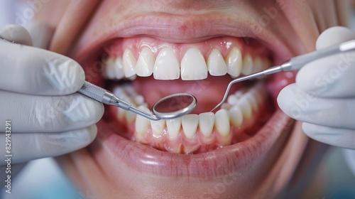 A dentist s hands holding dental instruments  working on a patient s teeth with precision. Minimal and Simple style